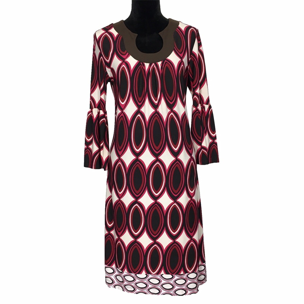 Chicos Dress 1 US MED Black Cream Pink Brown Bold Jersey Knit 3/4 Bell Sl